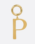A yellow gold 'P' shaped pendant, shown from the front.