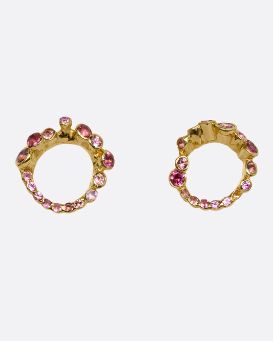 yellow gold earrings with pink and red tourmalines shown from the front