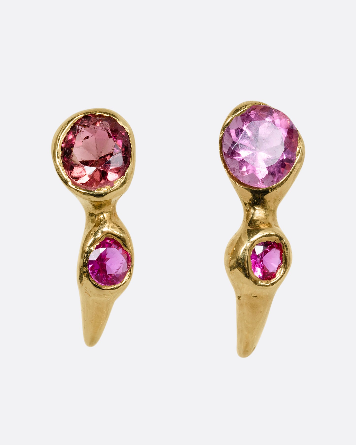 yellow gold earring with ruby and pink tourmalines shown from the front