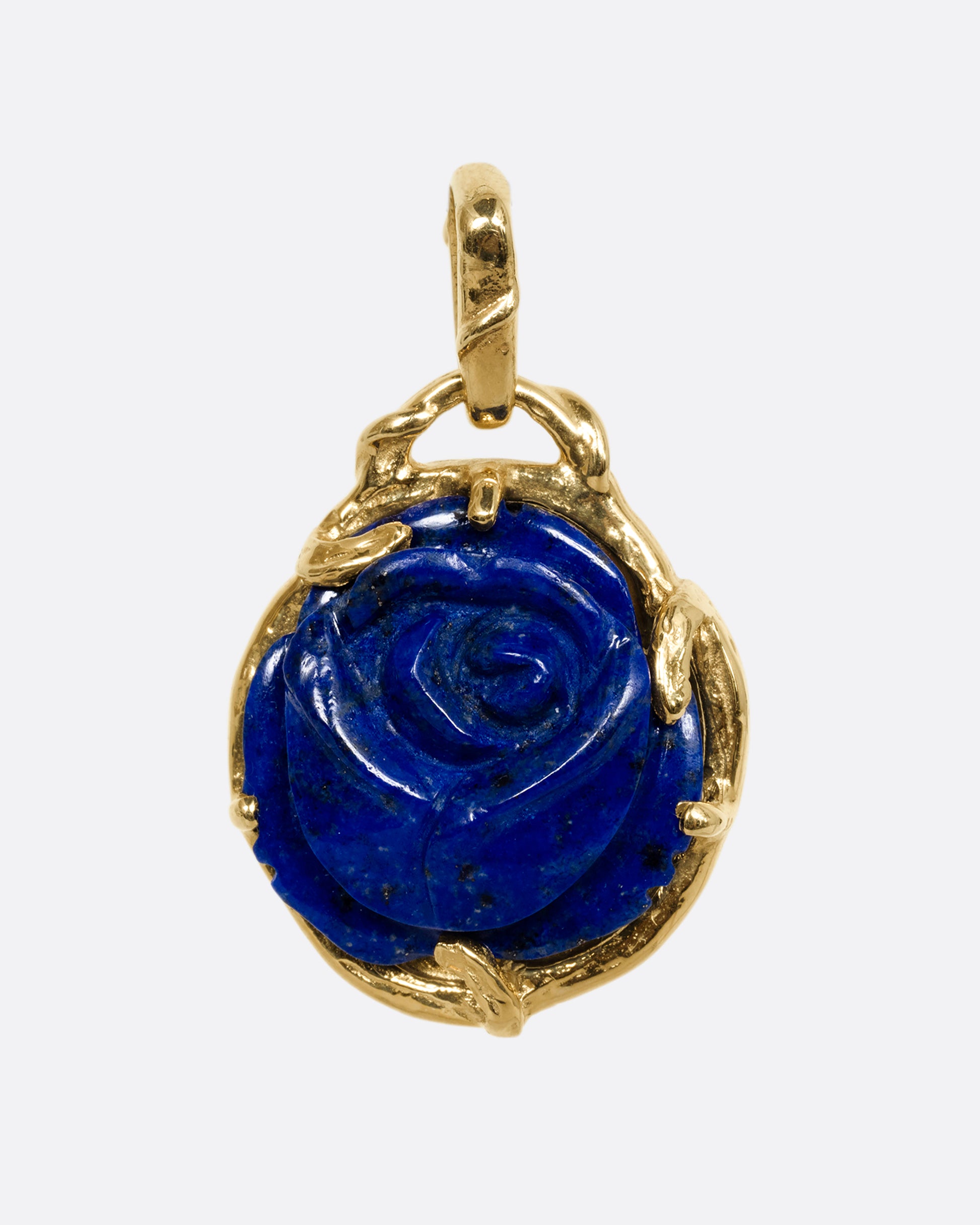 yellow gold rose shaped lapis charm shown from the front