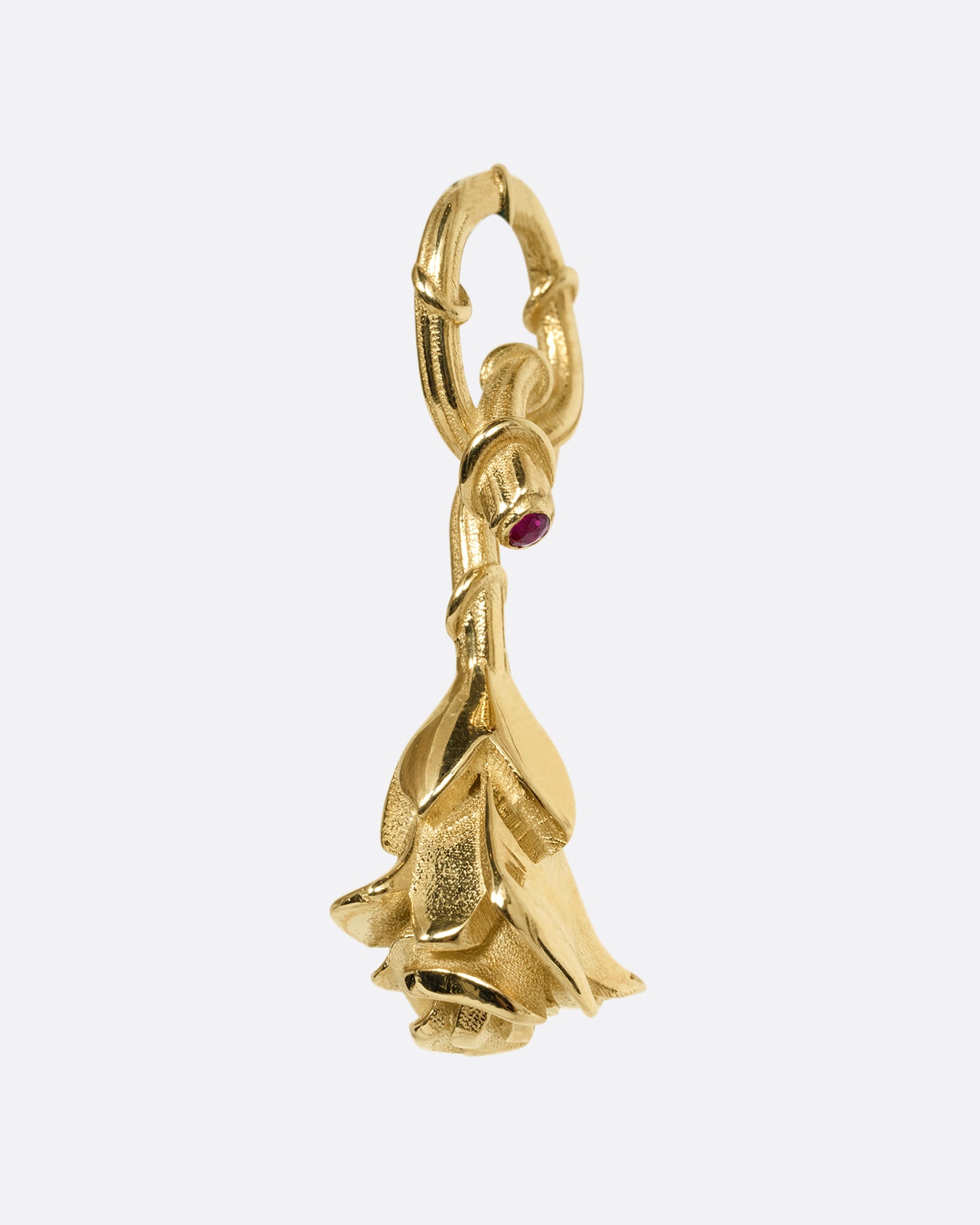 yellow gold rose charm with ruby, shown from the front
