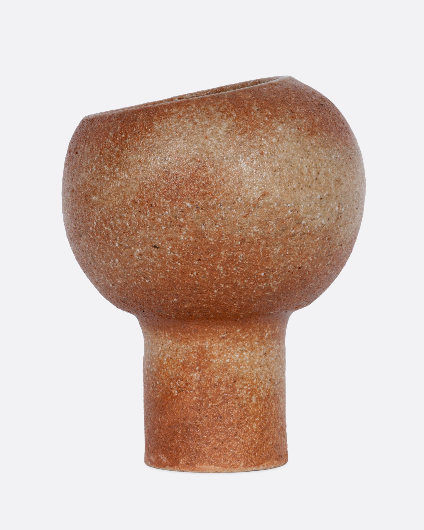 A terracotta planter with a narrow base and spherical top. Shown from the side.