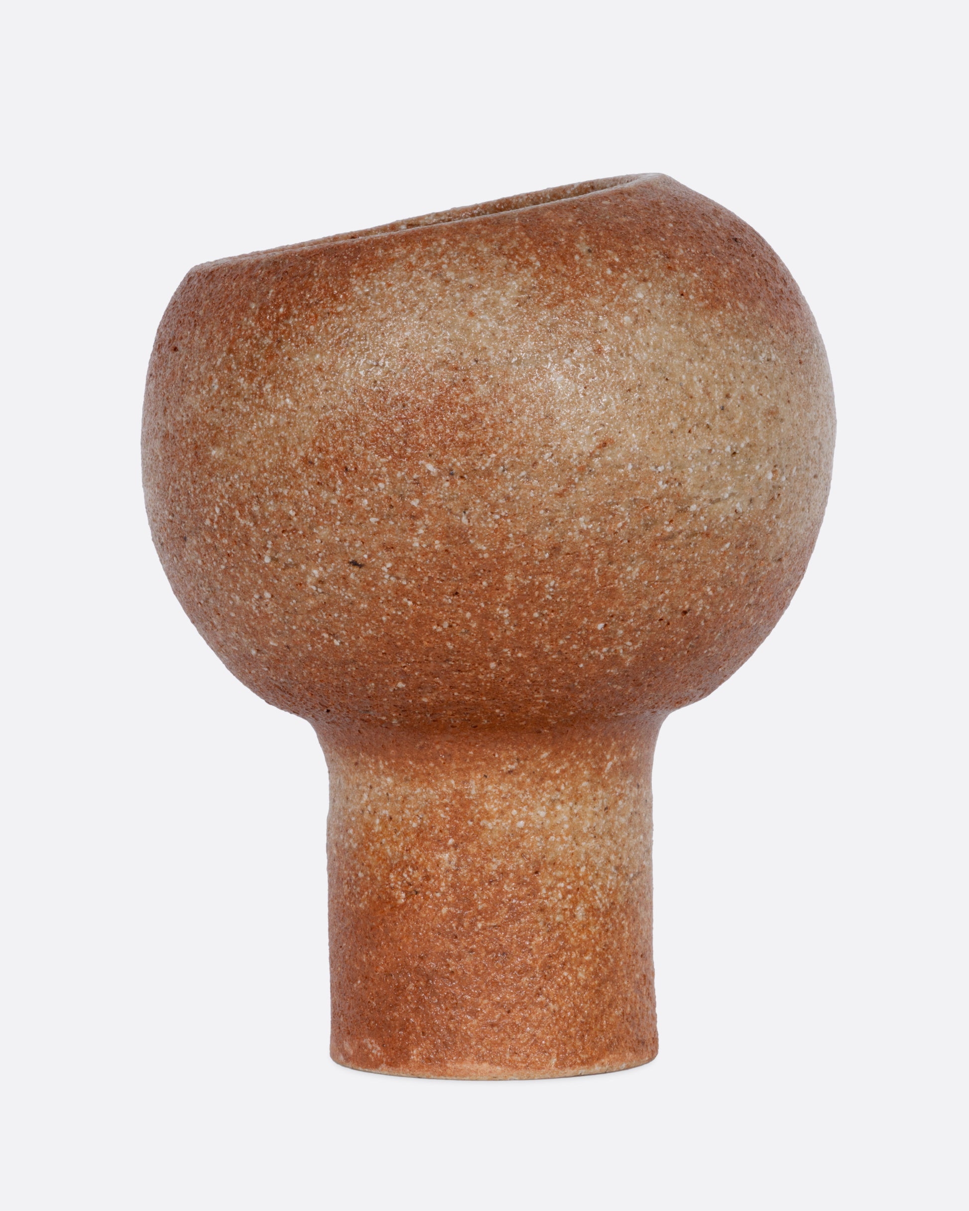 A terracotta planter with a narrow base and spherical top. Shown from the side.