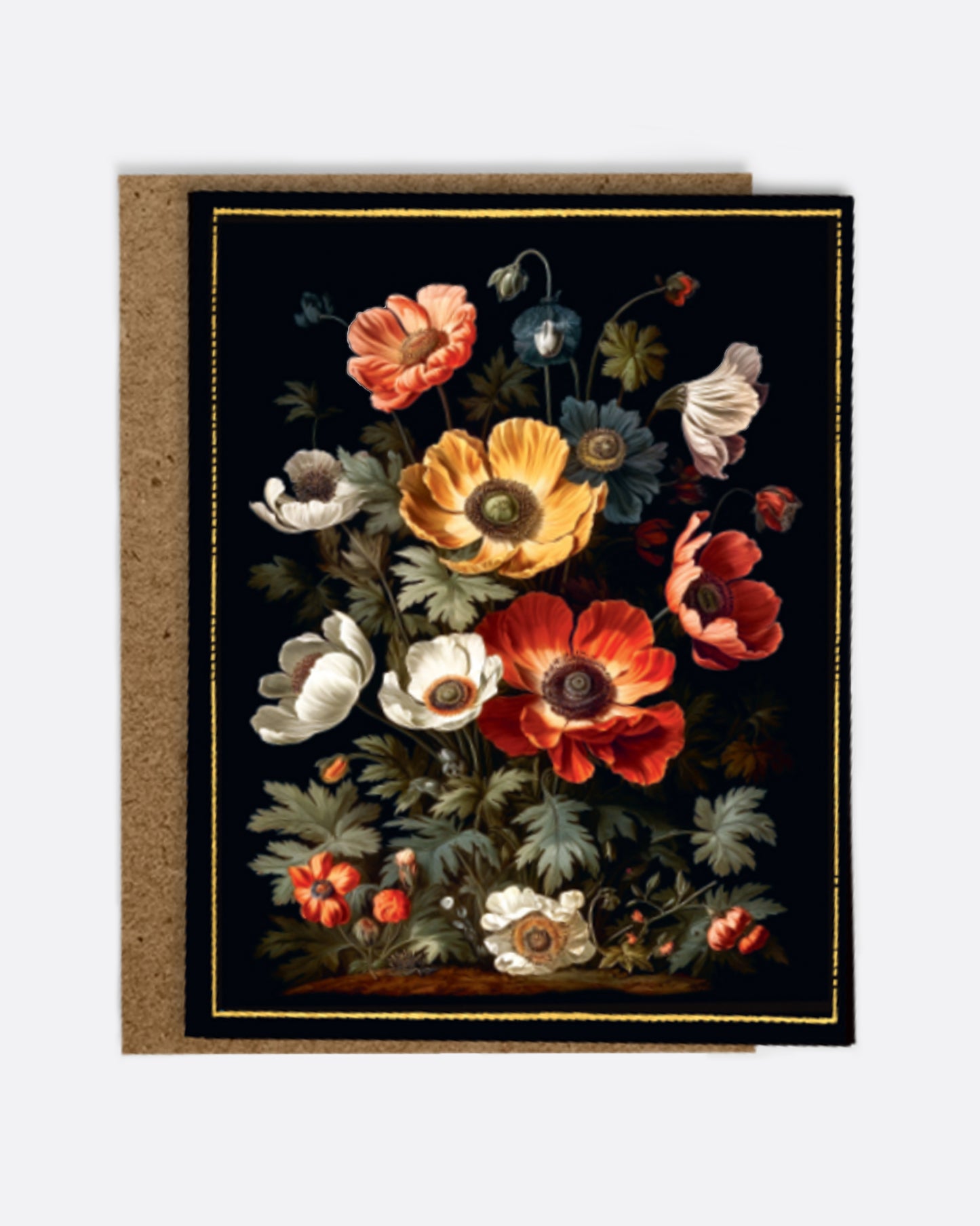 A black paper greeting card with a bouquet of multicolored anemone flowers on the front, a blank white interior, and a kraft paper envelope.