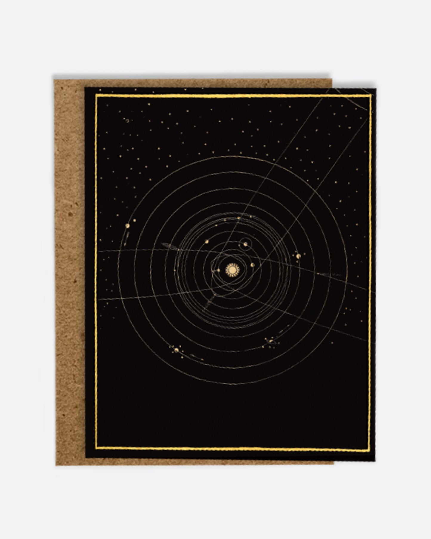 A black paper greeting card with a gold map of the solar systemon the front, a blank white interior, and a kraft paper envelope.