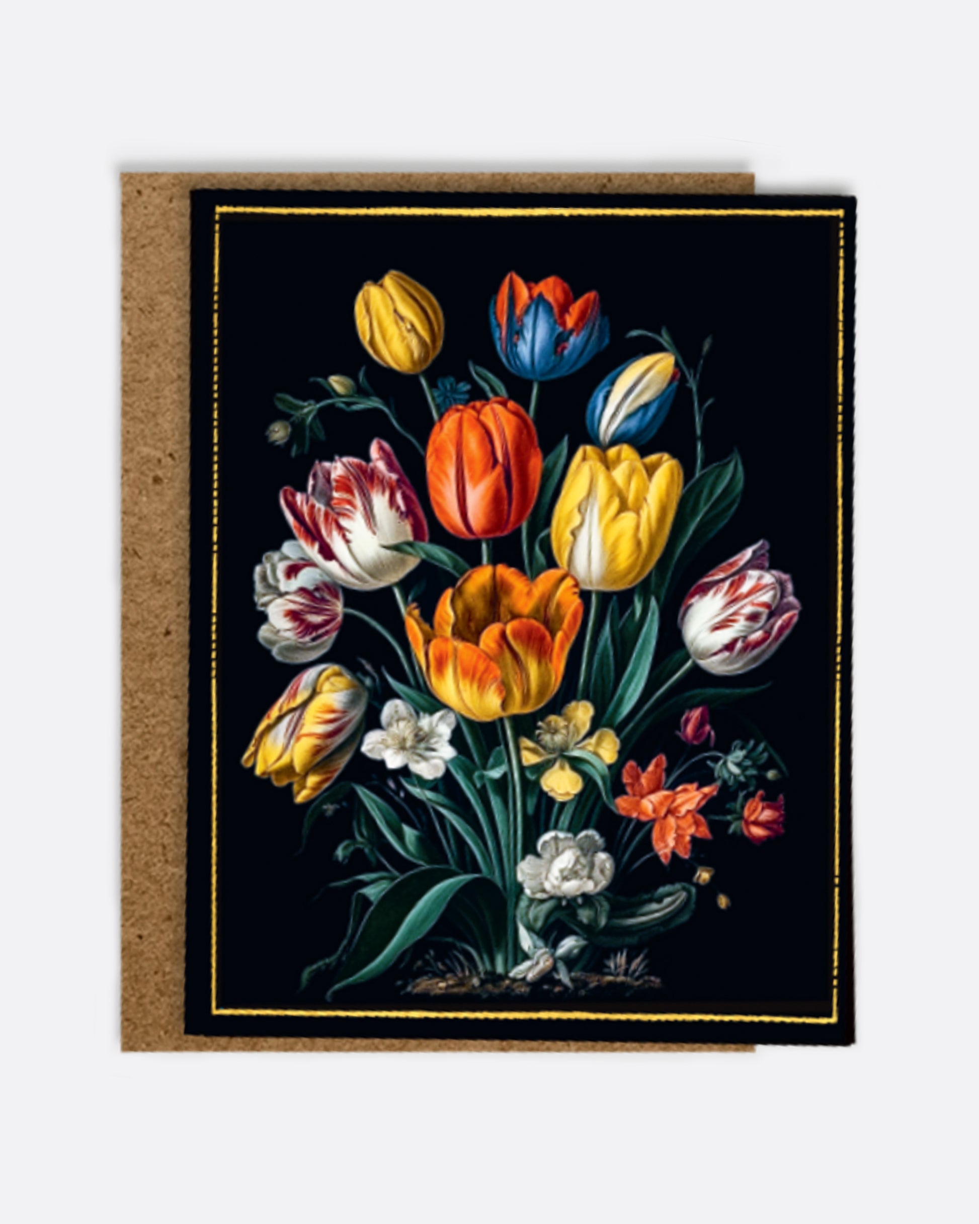 A black paper greeting card with a bouquet of multicolored tulips on the front, a blank white interior, and a kraft paper envelope.