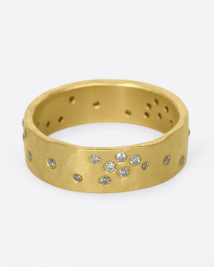 Yellow gold diamond constellation band, side view of another diamond cluster on the band