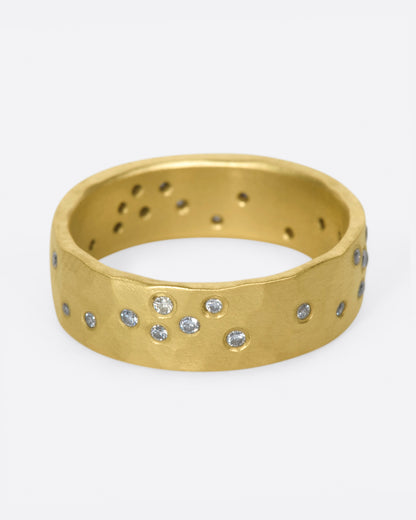 Yellow gold diamond constellation band, back view of the band showing more scattered diamonds