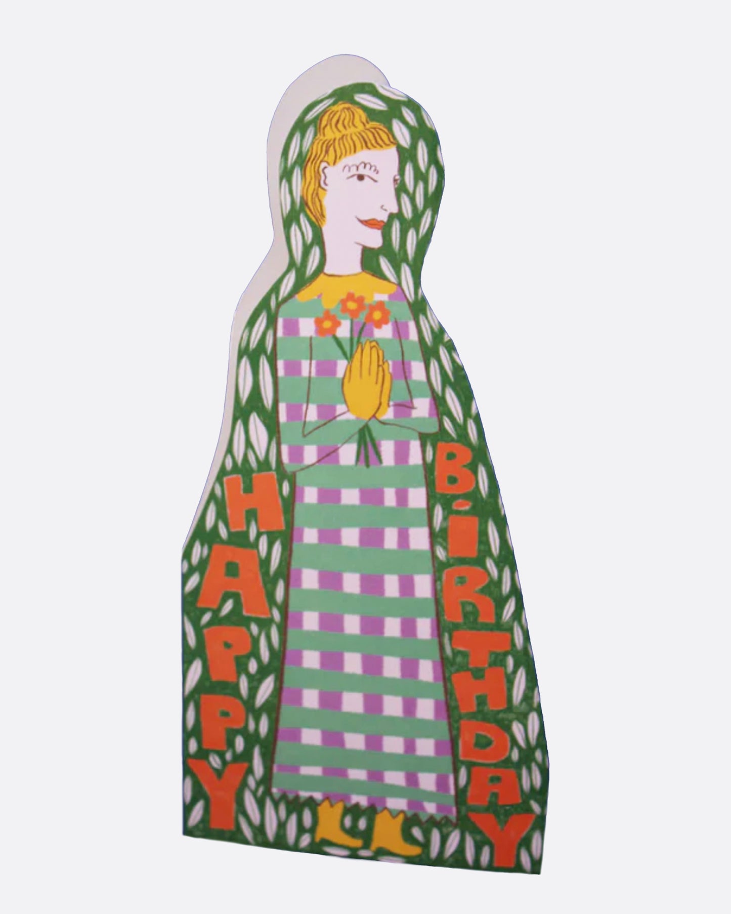 A greeting card cutout in the shape of a woman who is carrying flowers and wearing a plaid dress. The card reads 'happy birthday' and has a blank white interior.