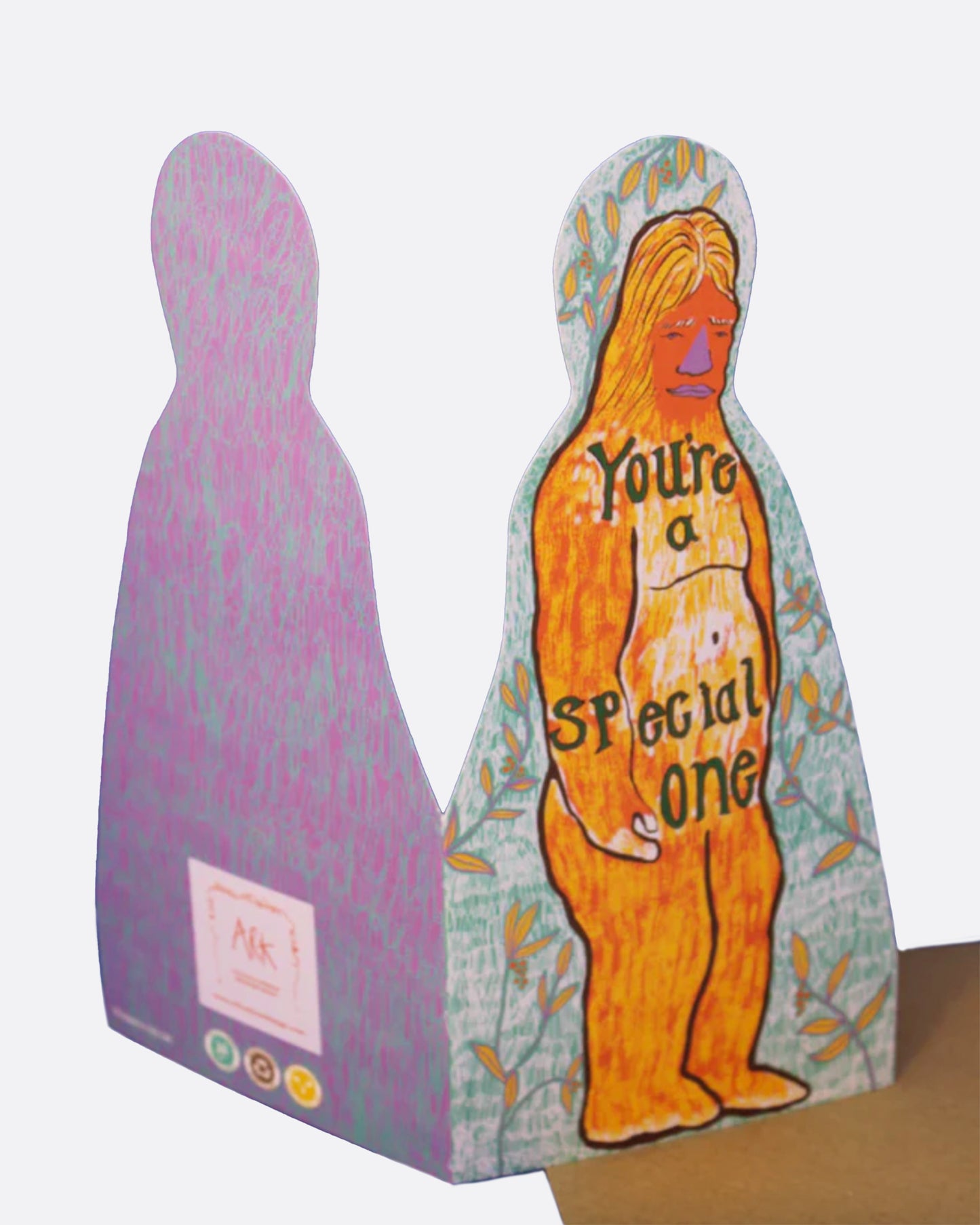 A greeting card in the shape of a yeti with the words 'you're a special one' on the front, with a blank interior. Shown with its kraft paper envelope.