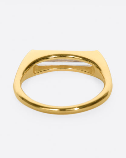 Yellow gold baguette diamond ring, back view of the slim yellow gold band
