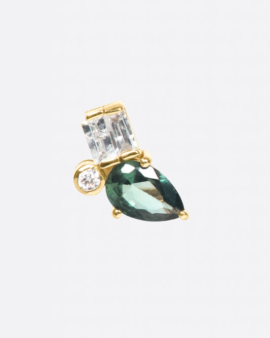 This curved earring feels both substantial and light with a beautiful pear shaped green tourmaline.