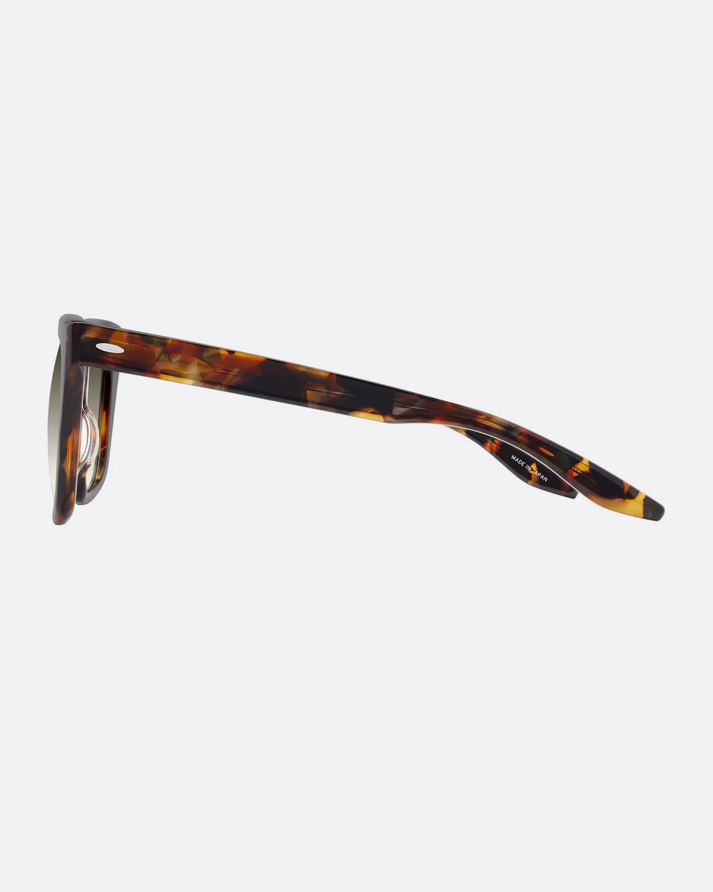 A pair of sunglasses with thick, squared tortoiseshell frames and olive gradient lenses. Shown from the side.