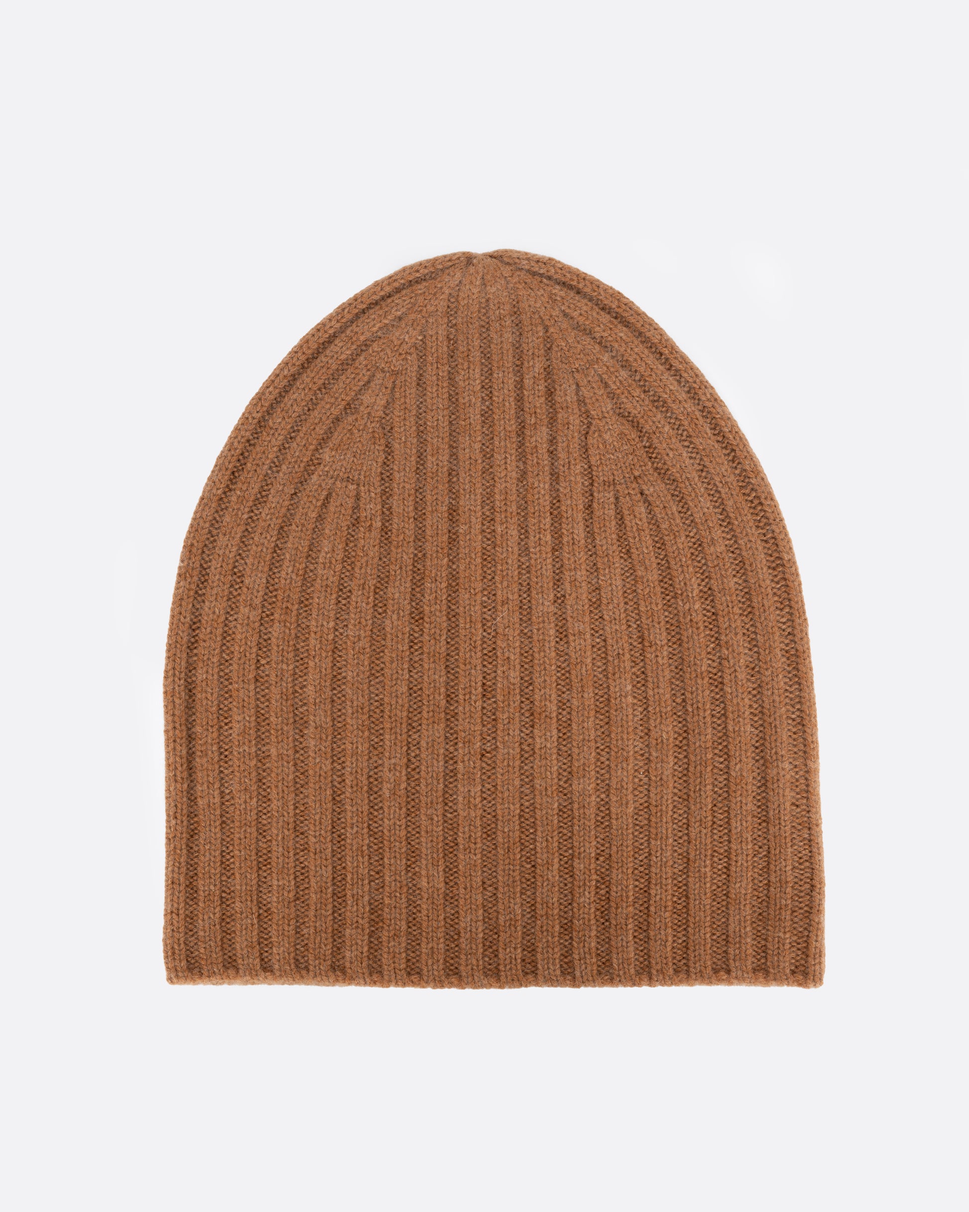 A brown cashmere beanie, shown laying flat and unfolded.