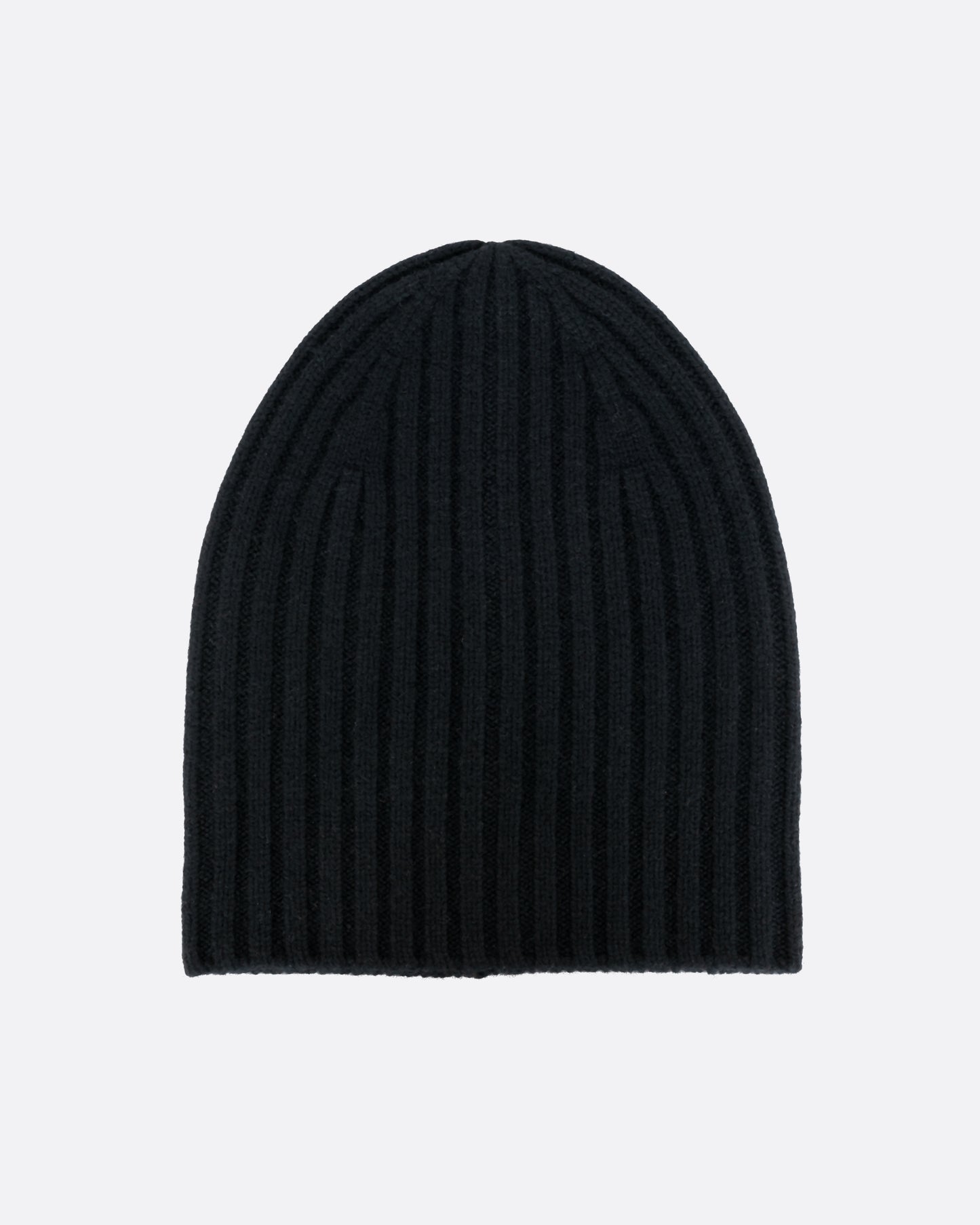 A black cashmere beanie, shown laying flat and unfolded.