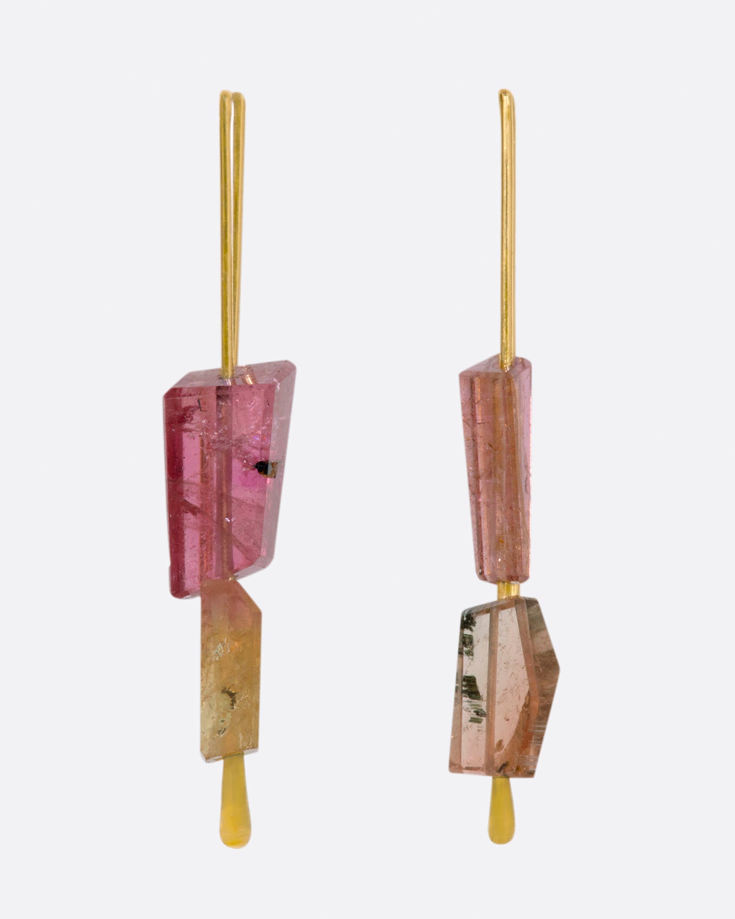 Yellow gold rectangular hook earrings with two pink tourmalines on each. View from the front.