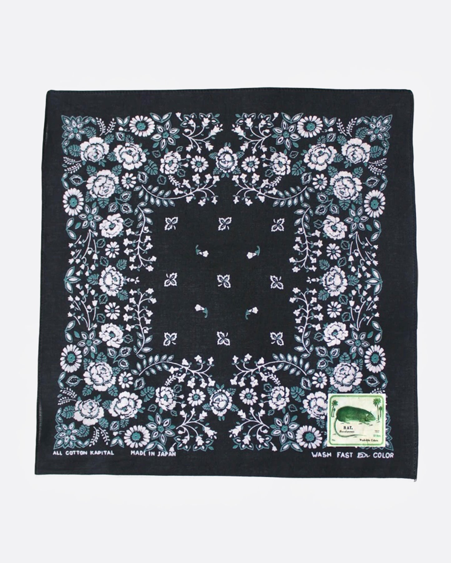A black bandana with a floral pattern, shown from the front.