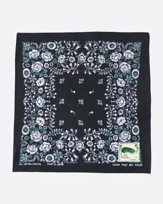 A black bandana with a floral pattern, shown from the front.