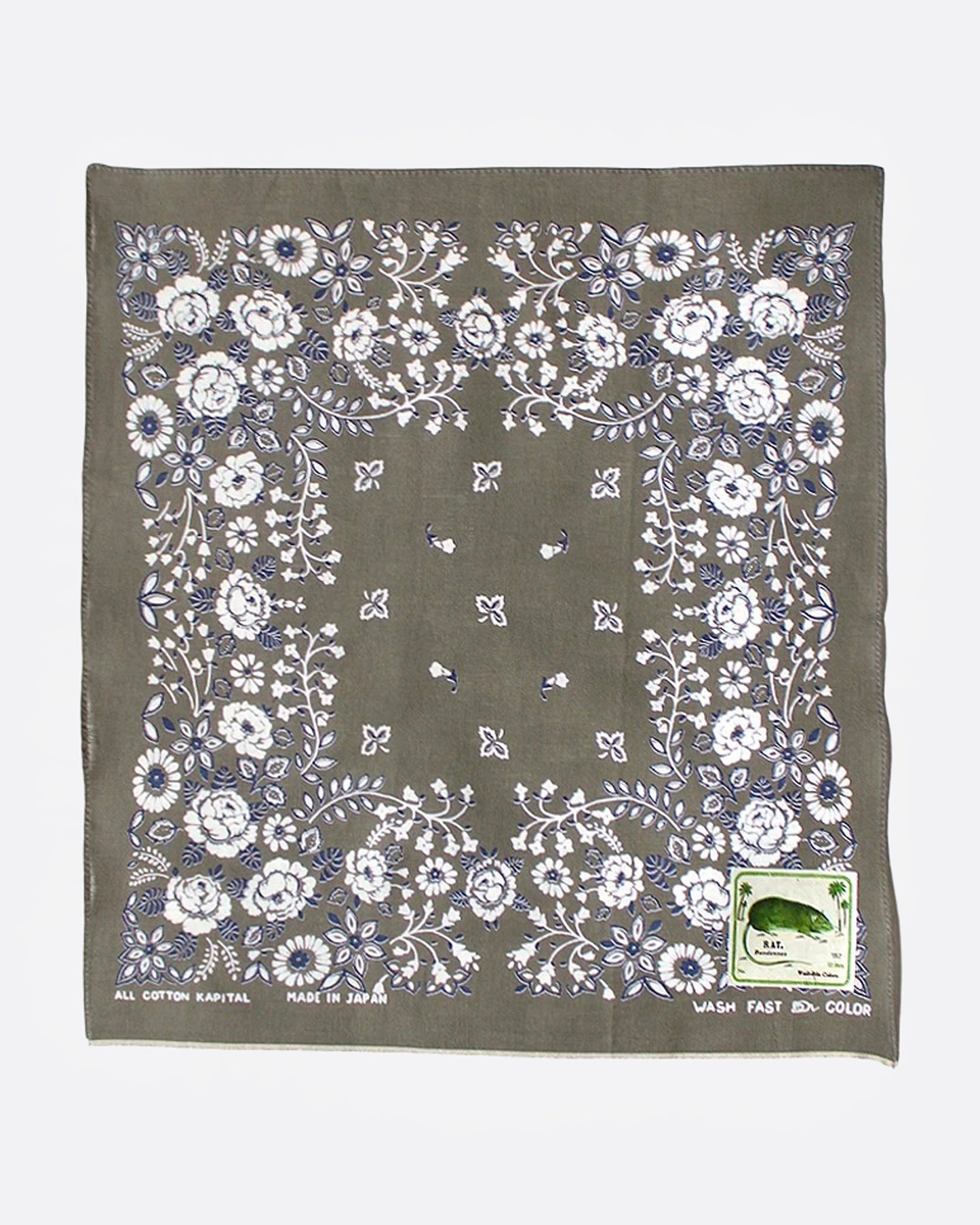 A khaki bandana with a floral print, shown from the front.