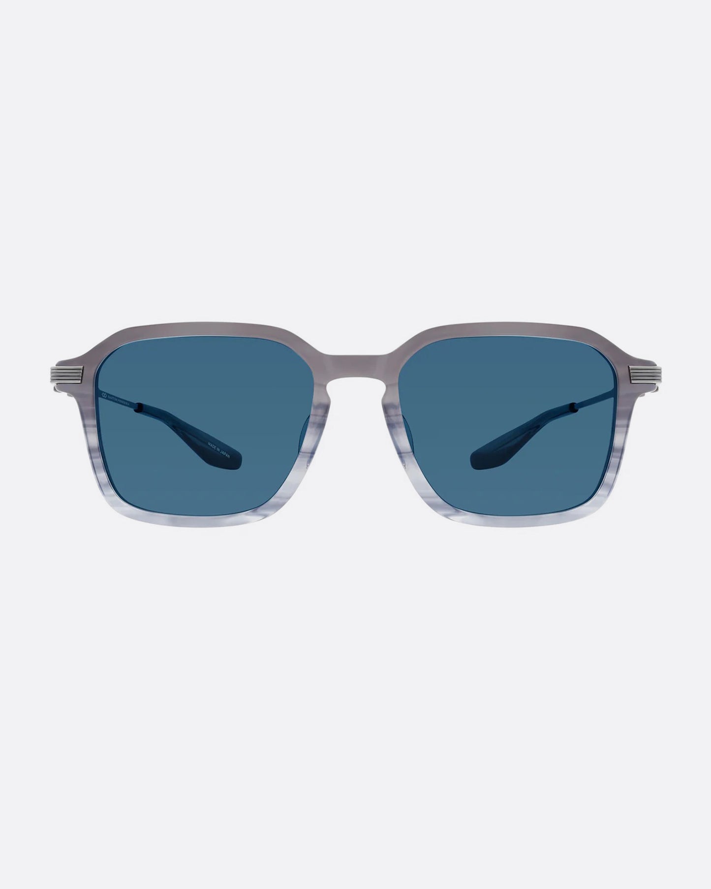 A pair of sunglasses with pearl gray frames and blue lenses. Shown from the front.