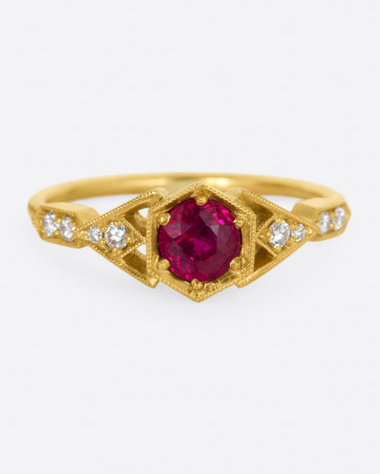 A new variation of DMD Metal's Vestra series, this time with a round ruby at its center.