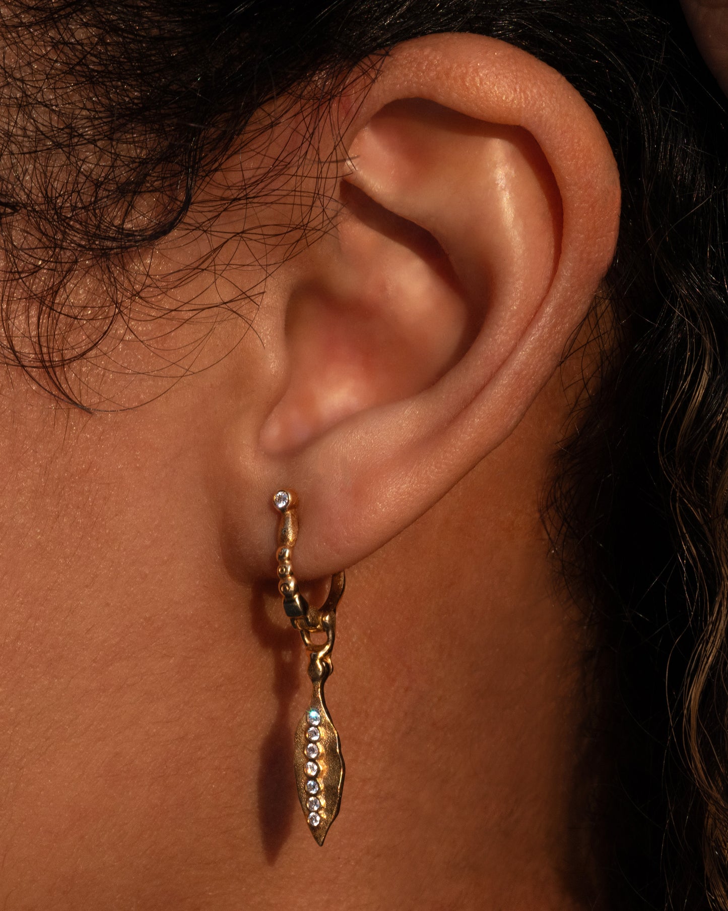 Diamond Leaf Drop Hoop Earring