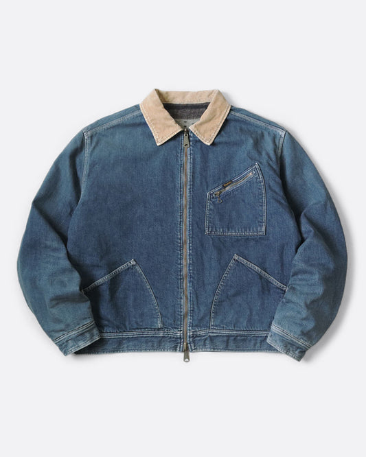 A blue denim work jacket with a beige collar and lined in wool with a skeleton print. Shown from the front.