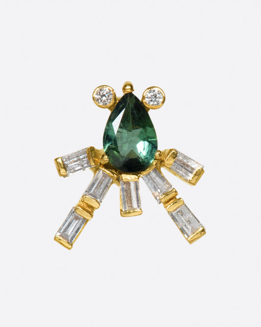 This gorgeous green tourmaline earring is swimming with sage and rich forrest green tones. Round diamond accents and glimmering baguettes light up beneath your lobe, creating an elegant, regal look.