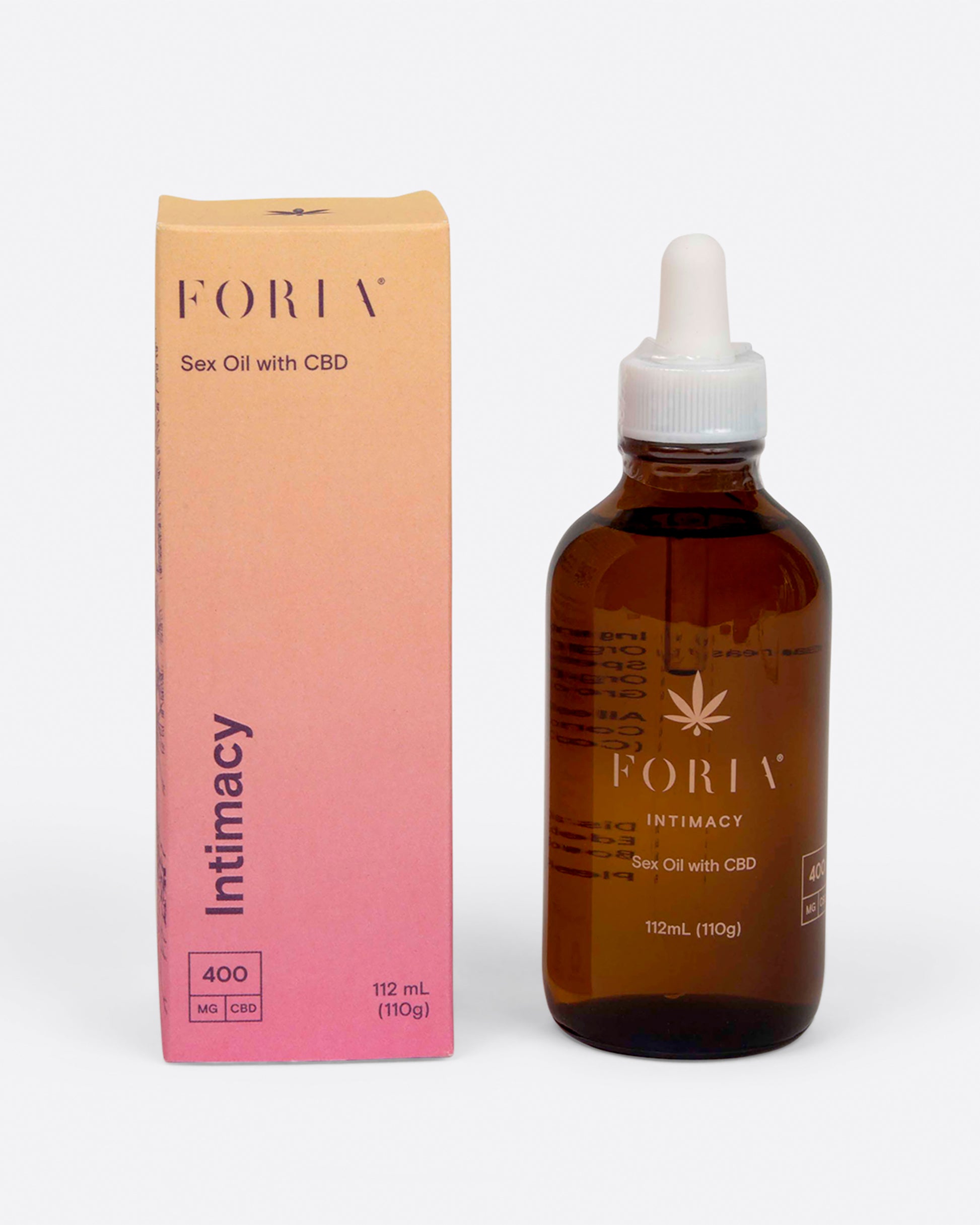 Foria CBD Intimacy Sex Oil shown with the bottle standing next to the box.