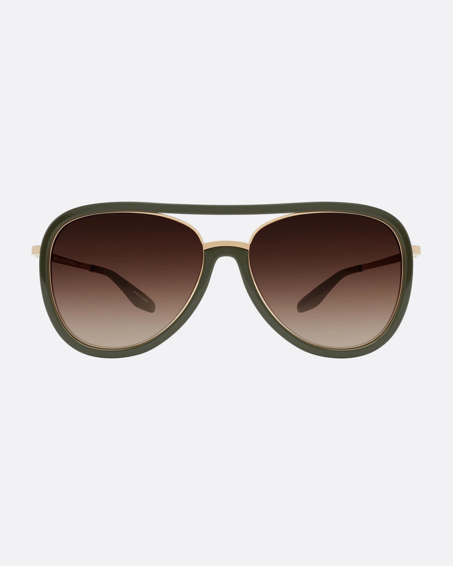 A pair of aviator sunglasses with green frames and  an inlaid titanium bridge. The lenses are a brown gradient. Shown from the front.