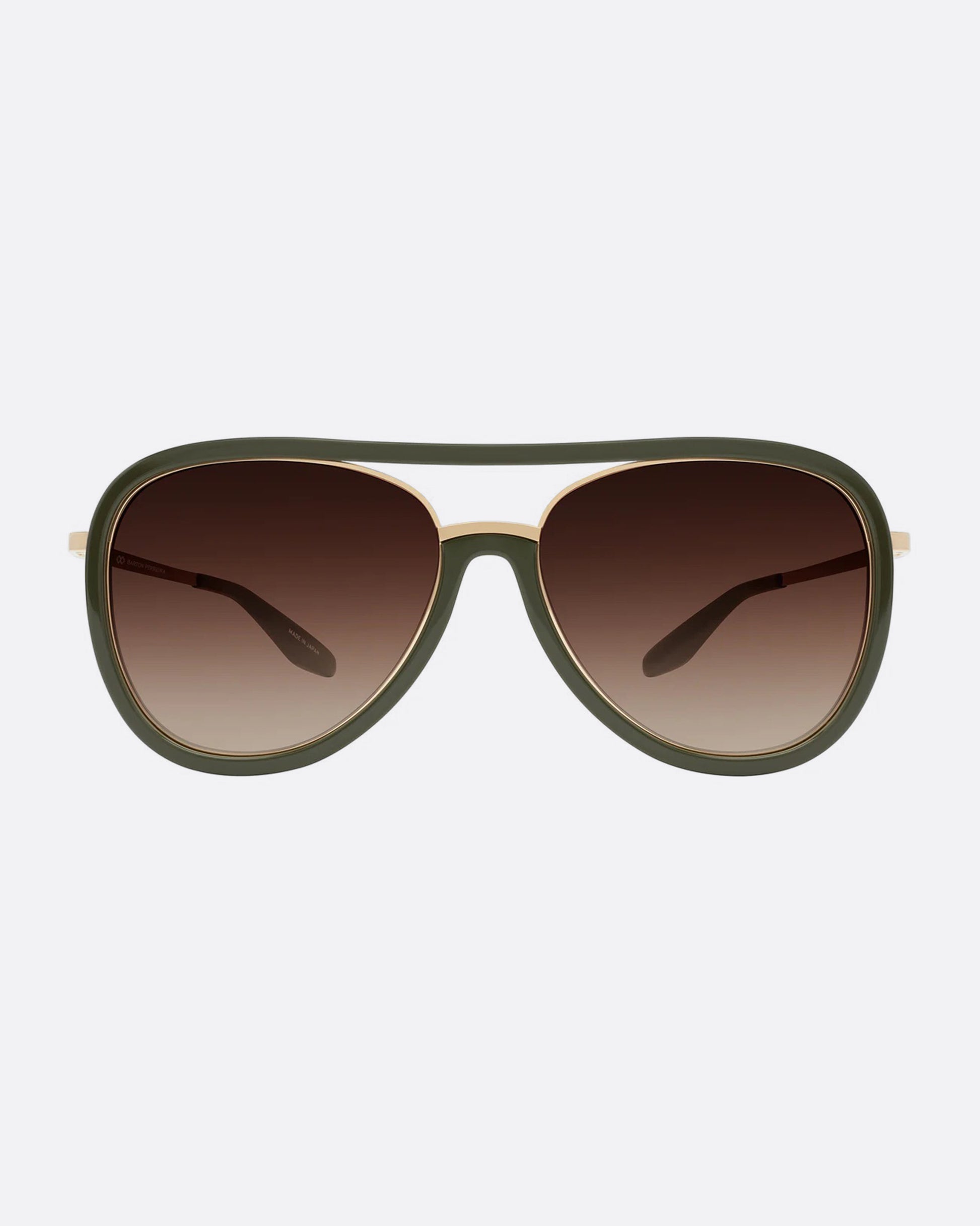 A pair of aviator sunglasses with green frames and  an inlaid titanium bridge. The lenses are a brown gradient. Shown from the front.