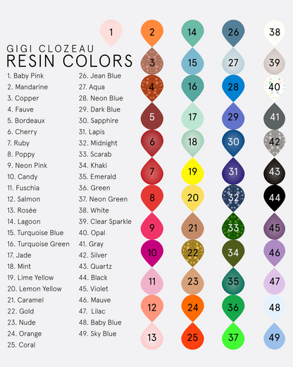 Rose gold resin bead bracelet, chart of available resin colors