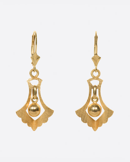 Vintage fan drop earrings in 14k yellow gold, textured fan shapes with a gold ball hanging inside, on lever backs