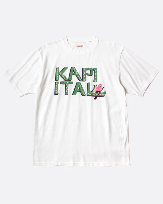 A white t-shirt with hand-drawn lettering reading 'Kapital' and a canoe graphic, shown from the front.