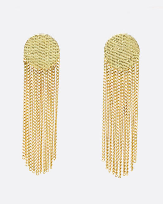 Beautiful 18k yellow gold chains dangle together a vintage inspired earring full of movement. The top circle is held together by gold solder, leaving the fringe on the bottom to move about.