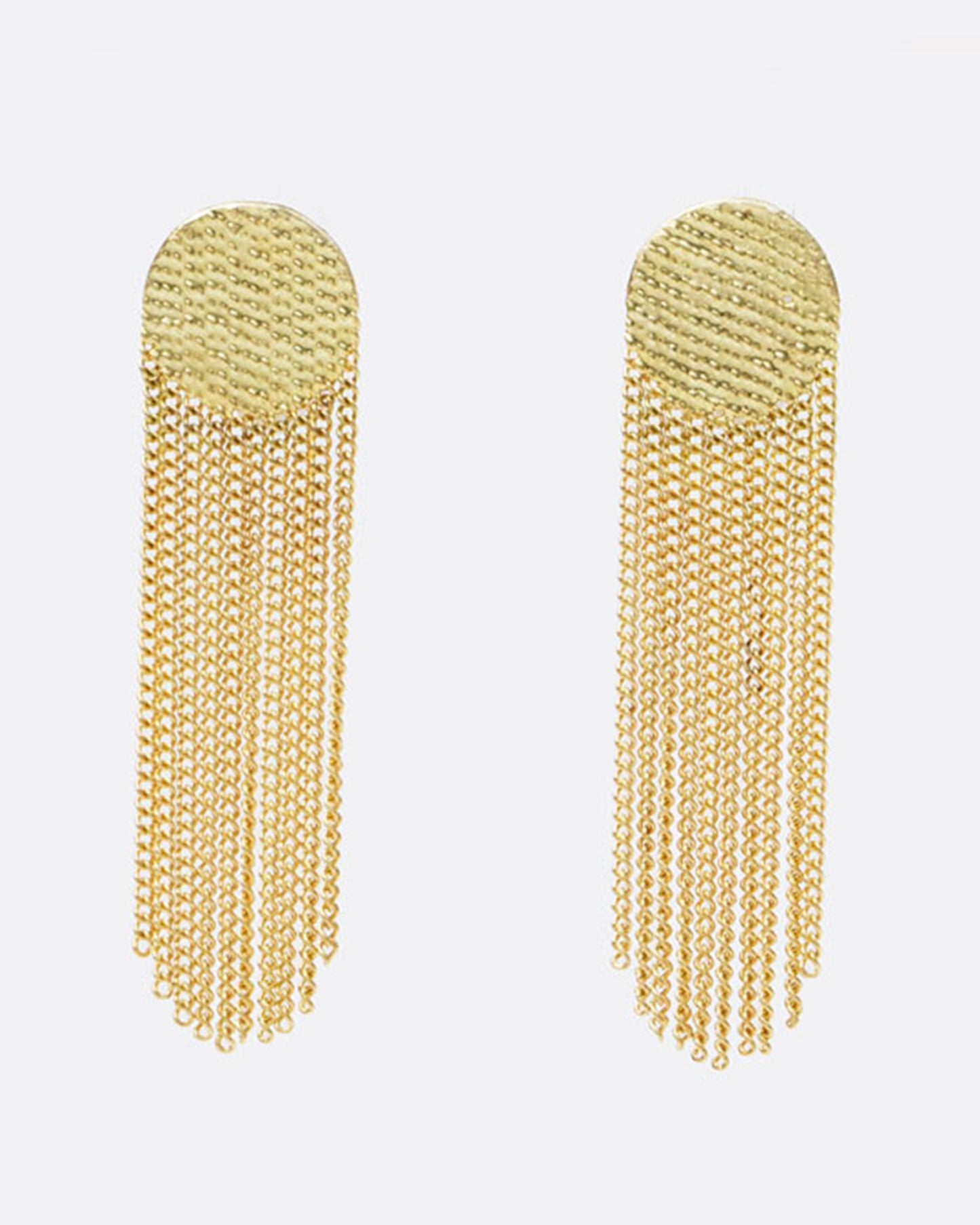 Beautiful 18k yellow gold chains dangle together a vintage inspired earring full of movement. The top circle is held together by gold solder, leaving the fringe on the bottom to move about.