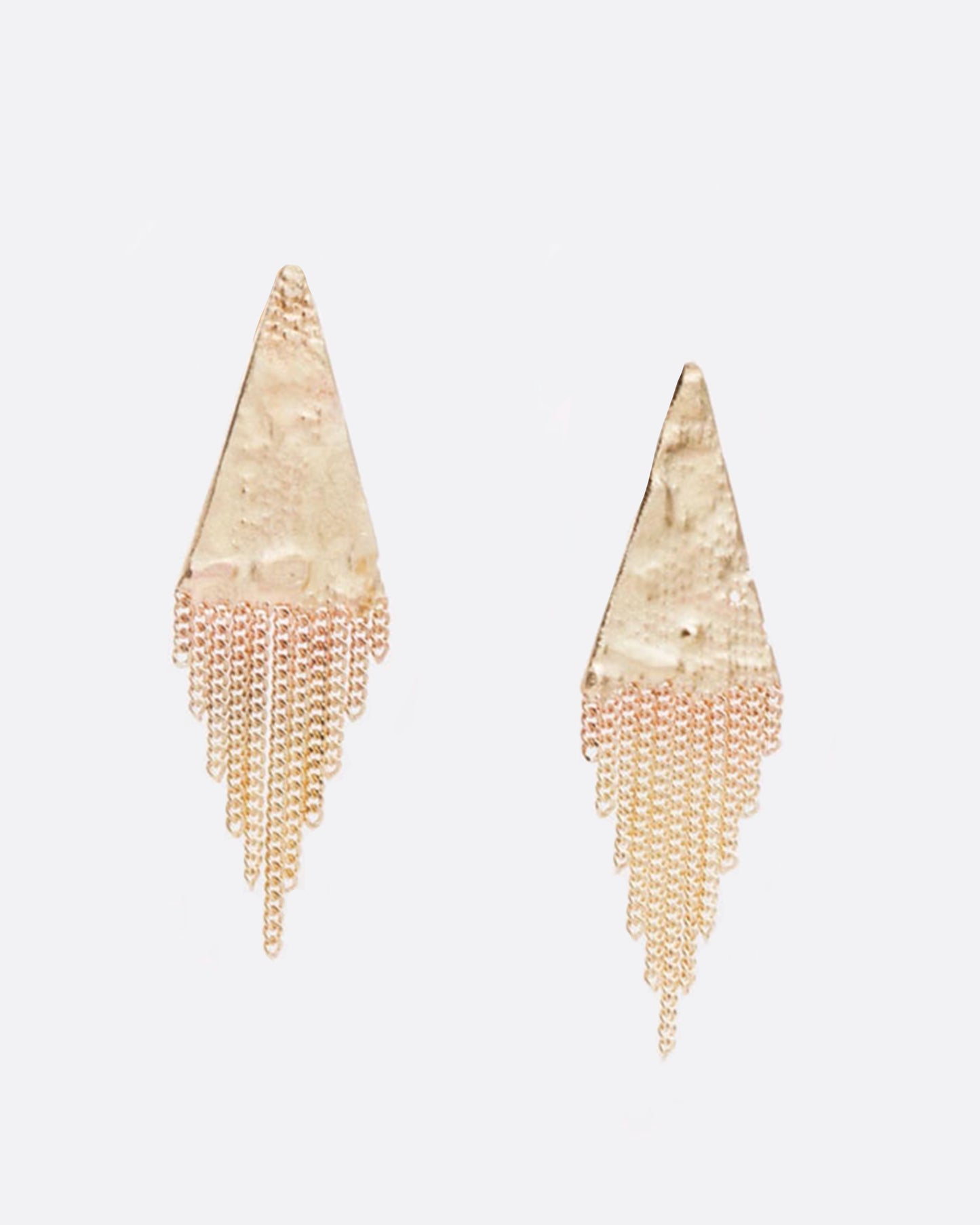Yellow gold soldered triangle earrings with loose multi-strand chains.