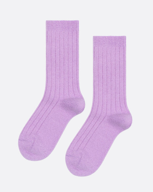 A pair of lilac crew socks, shown from the side.