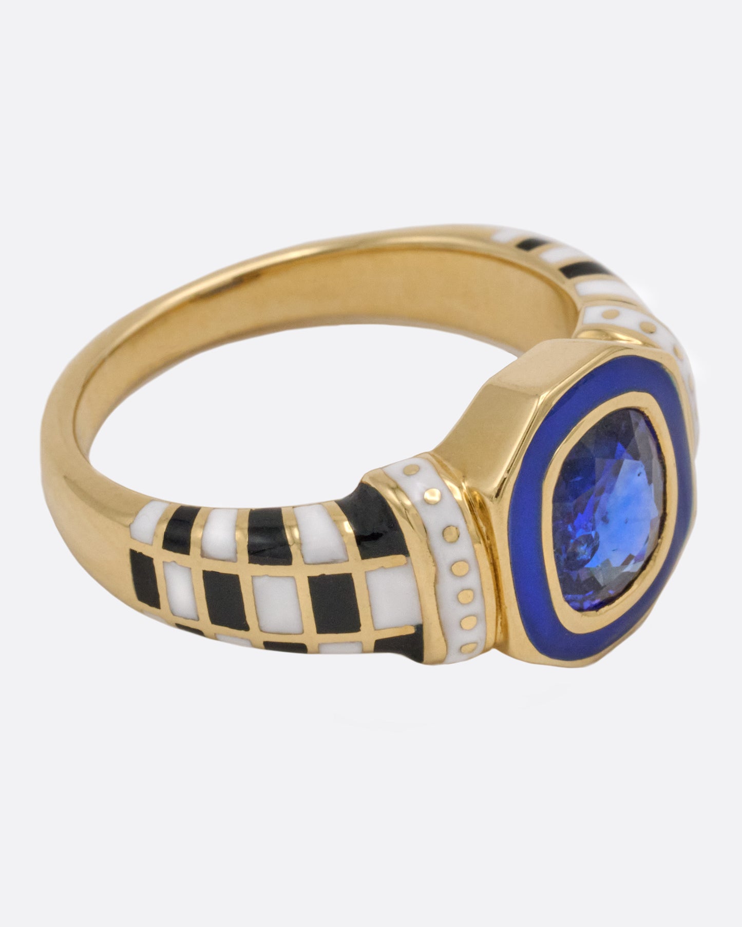 Sapphire and Enamel Checkered Signet Ring
