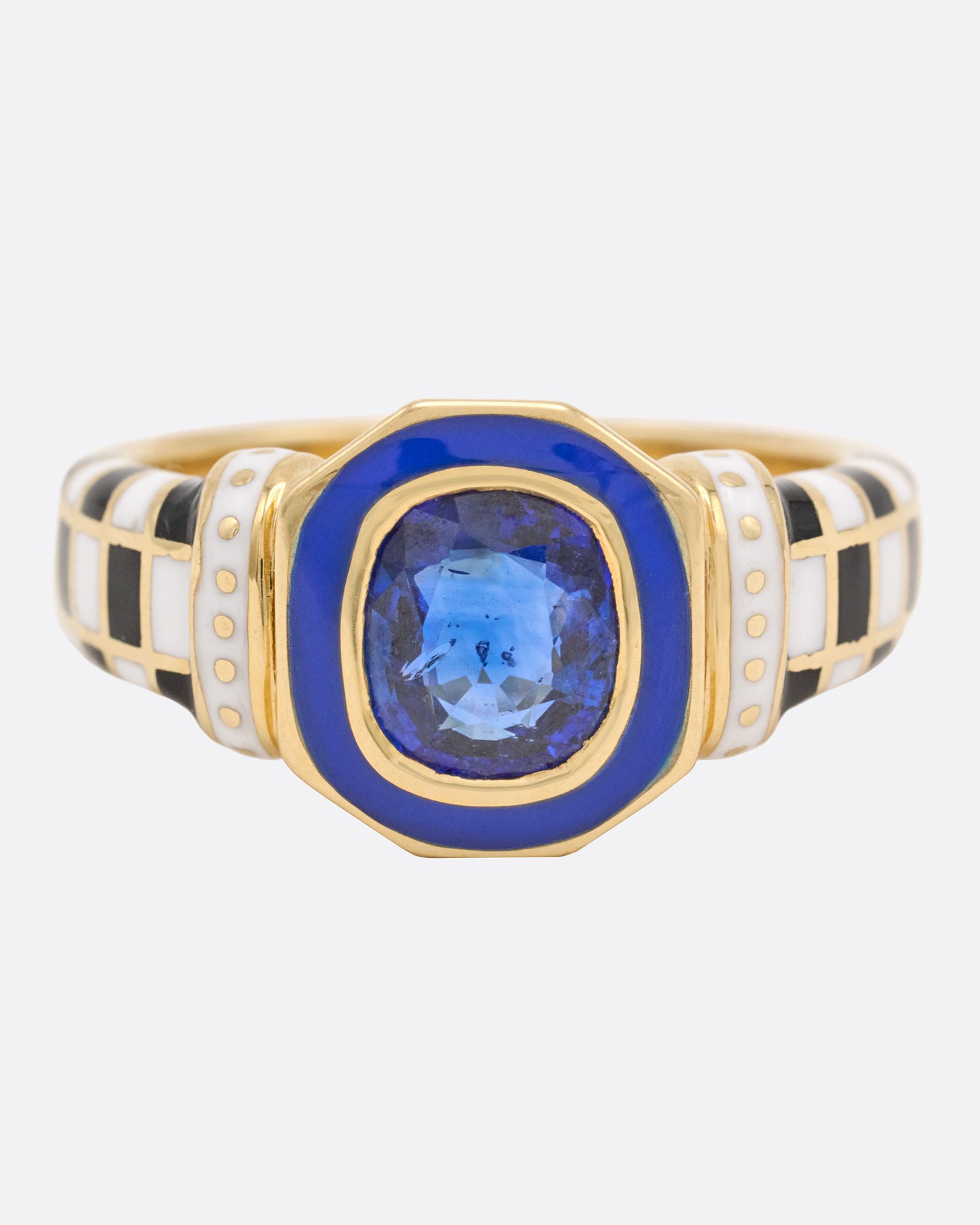 Sapphire and Enamel Checkered Signet Ring