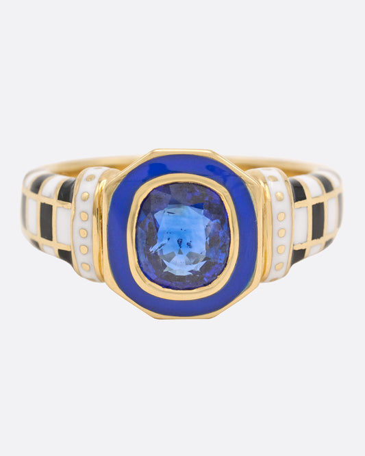 Sapphire and Enamel Checkered Signet Ring
