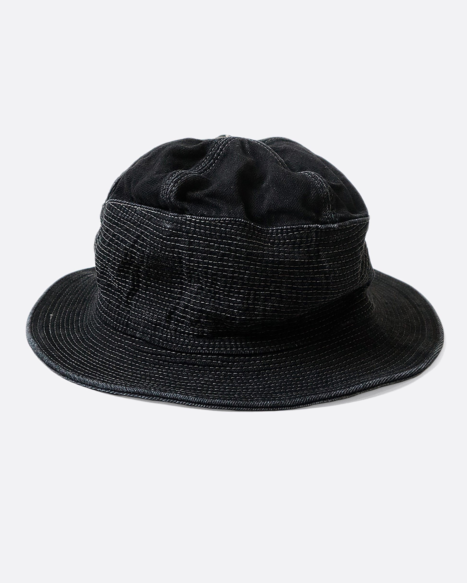 A black denim bucket hat with a buckle at the crown and contrast stitching throughout. View from the front.