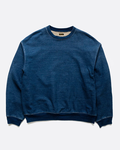 Kapital indigo knit T-back sweatshirt, a faded denim-blue crewneck with a seam forming a T on the back