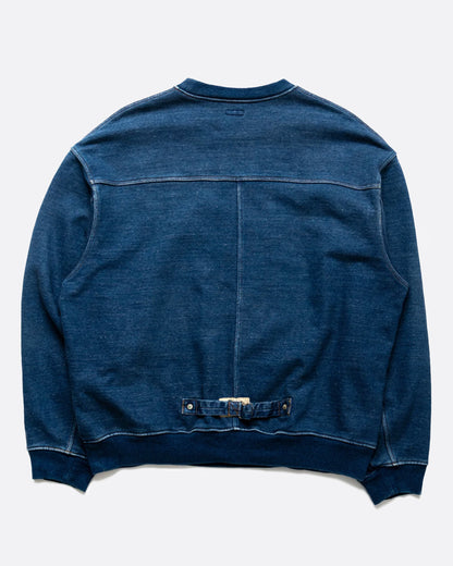 Indigo crewneck sweatshirt, back view with the T seam and buckle tab