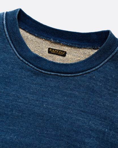 Indigo crewneck sweatshirt, close view of the collar and label