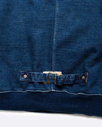 Indigo crewneck sweatshirt, close view of the back buckle tab