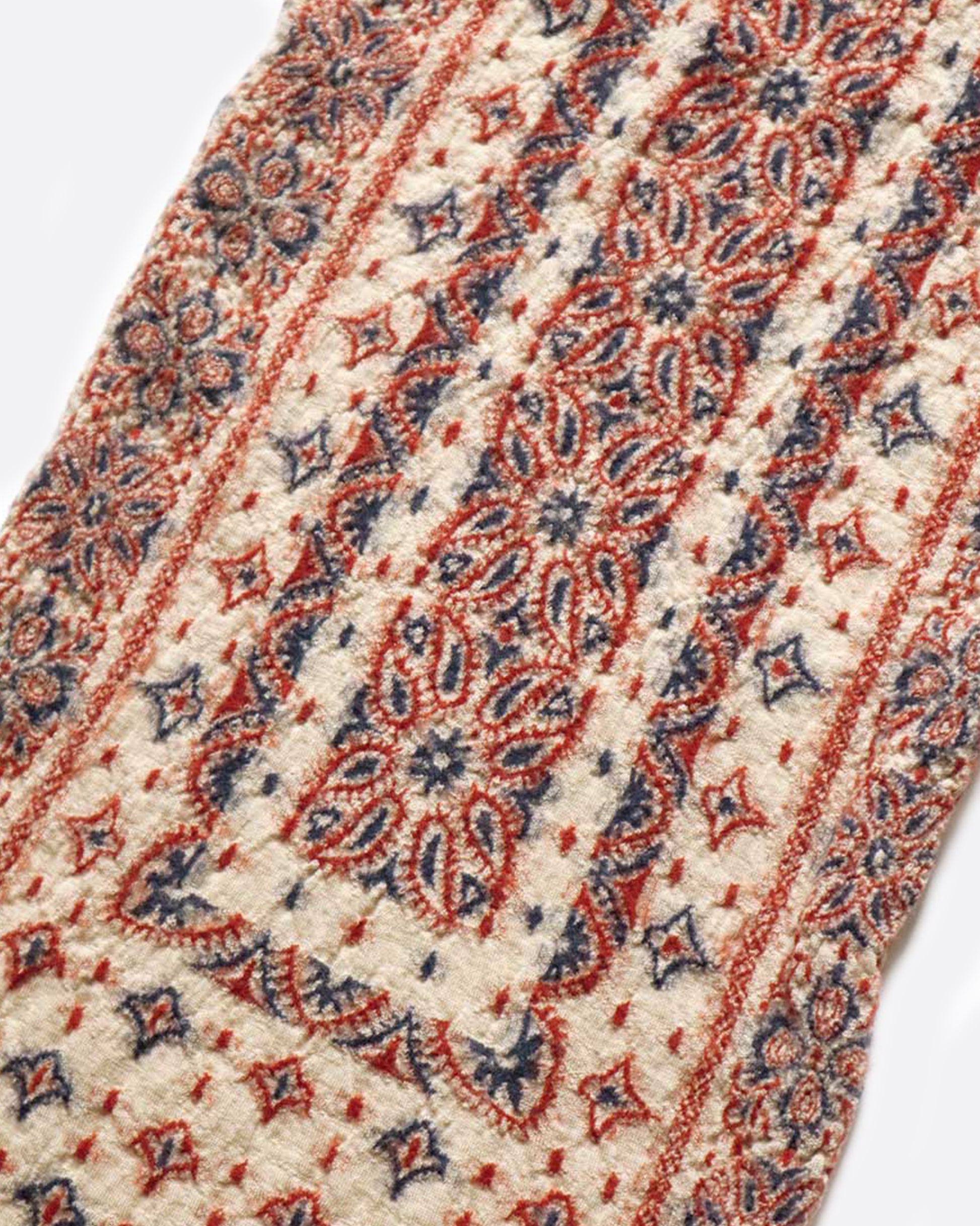 Inspired by vintage bandanas, this scarf is a little bit narrower than most - making even easier to wear. This time in shades of red, cream and blue.