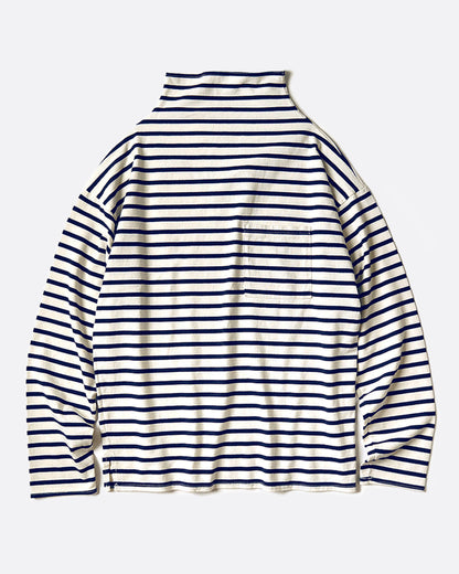 A white mock neck long sleeve shirt with navy horizontal stripes and a front pocket. Shown from the front.