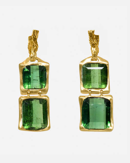 These deep green earrings are hinged between the two tourmalines, giving them some great movement and swing.