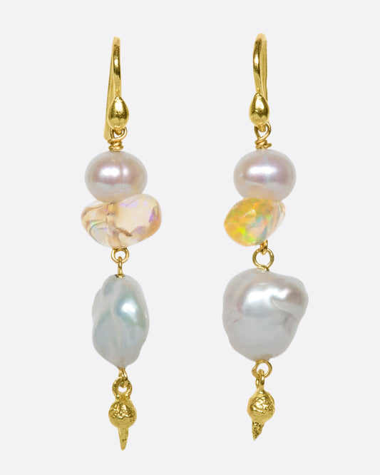 These 18k gold drops pair Japanese pearls and Mexican water opals